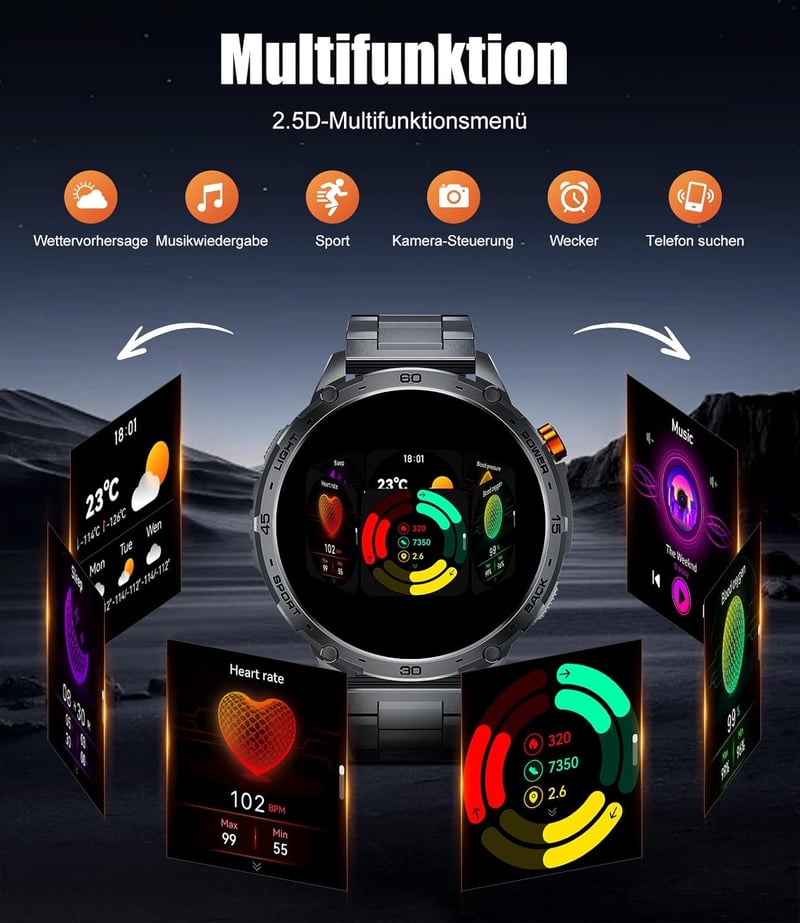 LIGE Katonai Smartwatch 1.75" AMOLED Kijelző, 110+ Sportmód, Pulzus/Alvásmonitor, IP68 Vízálló