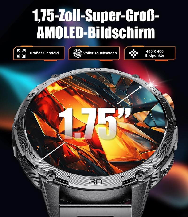 LIGE Katonai Smartwatch 1.75" AMOLED Kijelző, 110+ Sportmód, Pulzus/Alvásmonitor, IP68 Vízálló