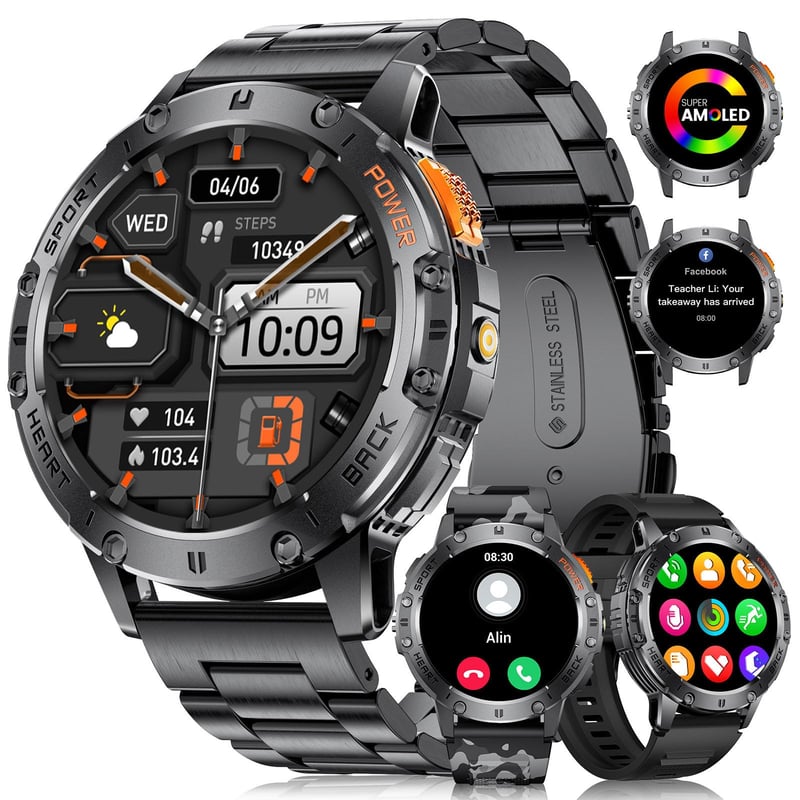 Pánske inteligentné hodinky LIGE Military s Bluetooth hovormi, 1,43" AMOLED displej, LED baterka, 530 mAh, 100+ športových režimov, merač tepu, vodotesnosť IP68, A