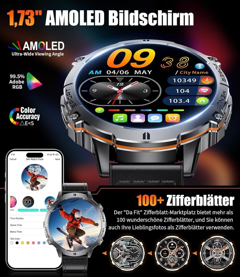 LIGE Smartwatch Férfi Okosóra 1.73" AMOLED Kijelző 110+ Sportmód IP68 Vízálló Pulzusmérő