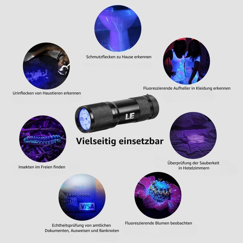 Lighting EVER UV Zseblámpa 9 LED 395nm - Ultraibolya Elemlámpa Kisállat Vizelet, Folt és Poloska Felderítéshez - Alumínium Ház, 3 AAA Elemme