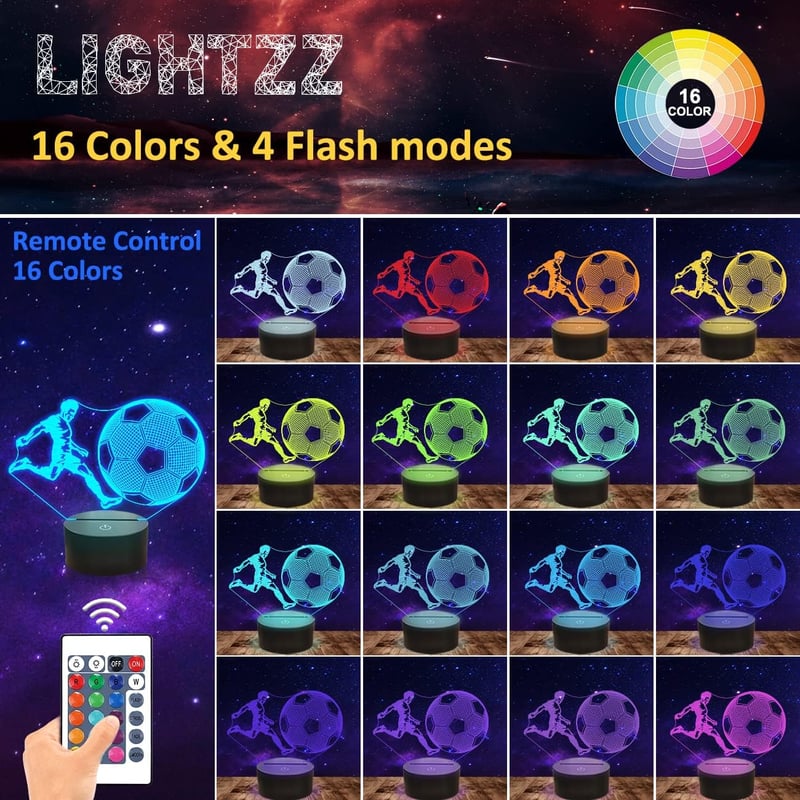 Lightzz Focilabda 3D LED Asztali Lámpa Távirányítóval 16 Szín Éjszakai Fény Fiúknak
