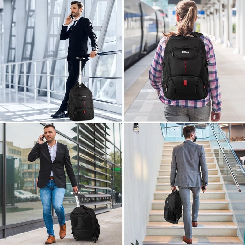 LIGSAN 17 hüvelykes laptop hátizsák kerekekkel utazáshoz fekete