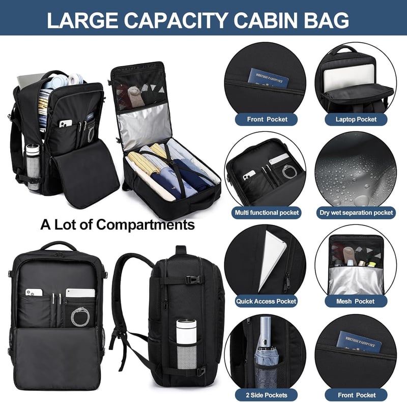 LIGSAN 55x40x20 cm Utazási Hátizsák Repülőgépes Kézipoggyász 44L Laptop Táska - Lufthansa 55x40x20cm-44L, Black