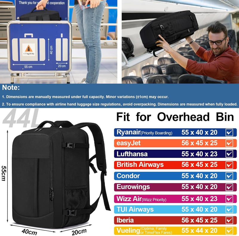 LIGSAN 55x40x20 cm Utazási Hátizsák Repülőgépes Kézipoggyász 44L Laptop Táska - Lufthansa 55x40x20cm-44L, Black