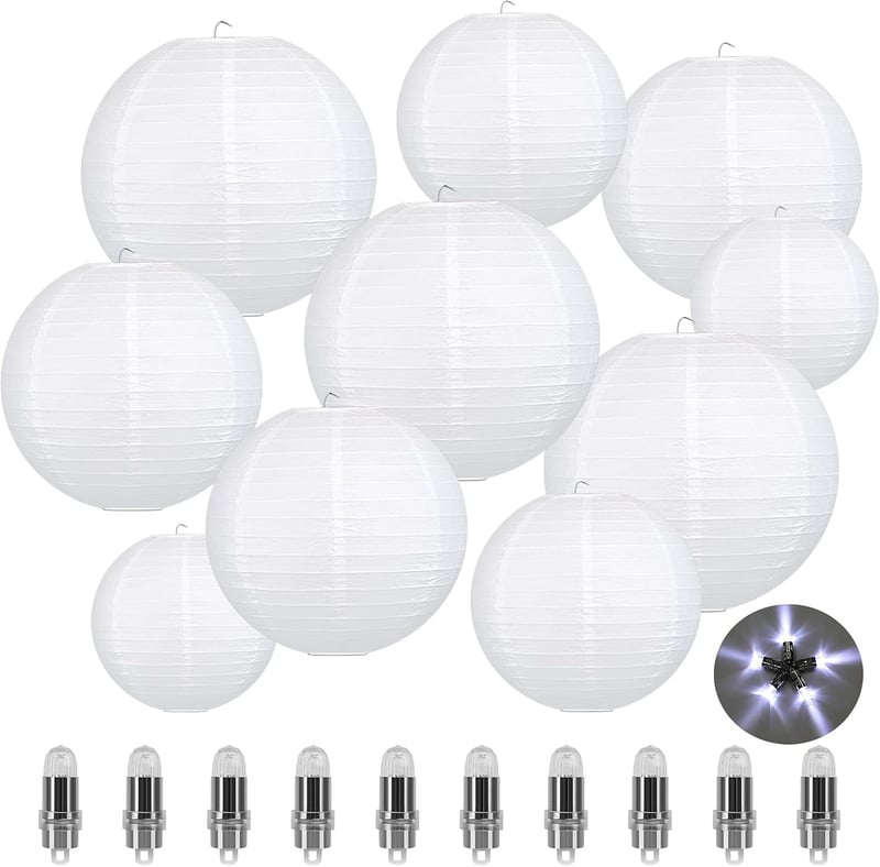 LIHAO 10 Darabos Fehér Papír Lampion Szett LED Világítással Kerek Lámpabúra Esküvői Dekoráció Összehajtható Különböző Méretek