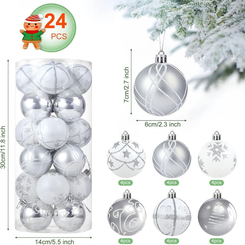 LIHAO 24 db Ezüst Műanyag Karácsonyfadísz Gömb 6 cm - Karácsonyfa Dekoráció Gömbök Ünnepi Díszítés
