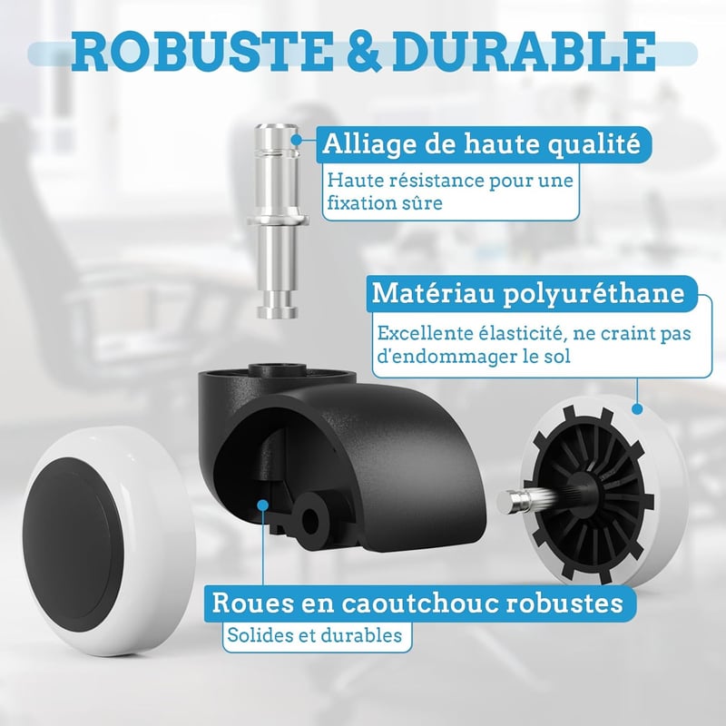 LIHAO 5 db kemény padlós irodai szék forgó kerekek 11 mm, 10 mm / 50 mm kerékszett fekete-fehér
