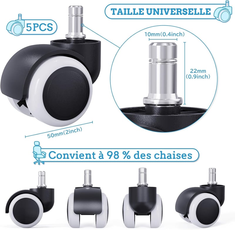 LIHAO 5 db kemény padlós irodai szék forgó kerekek 11 mm, 10 mm / 50 mm kerékszett fekete-fehér