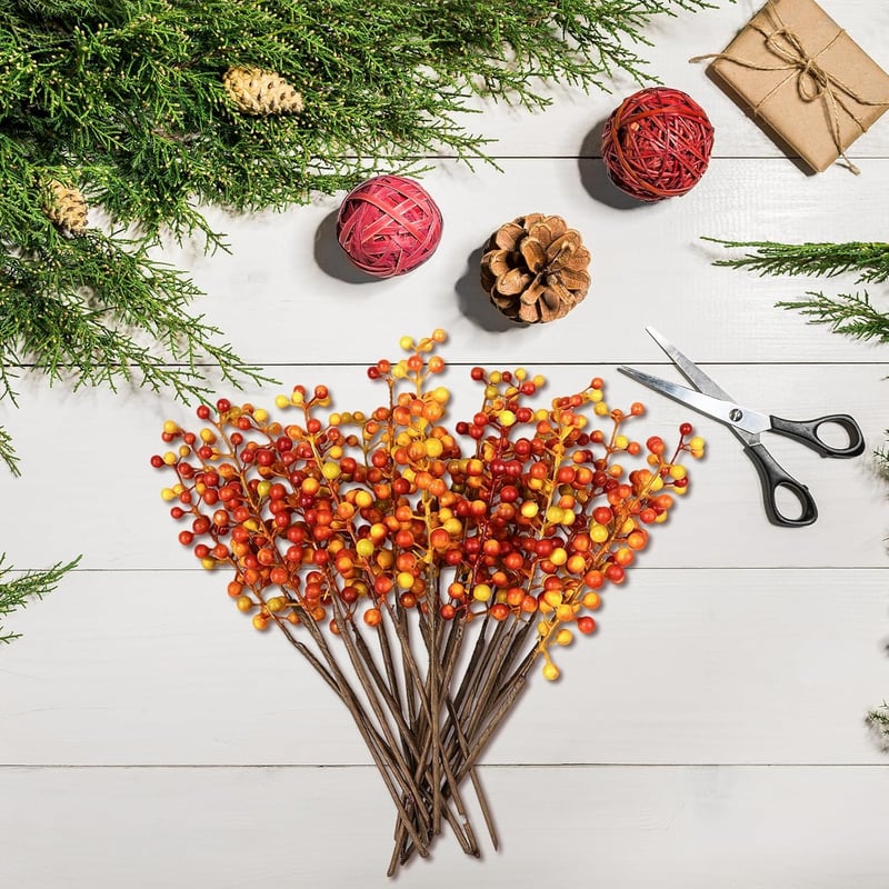 LIHIQIYA Műbogyós Őszi Dekoráció - 20 db Narancssárga Bogyós Ág Koszorúkhoz, Karácsonyi Díszítéshez, Adventi Dekorációhoz, 30 cm