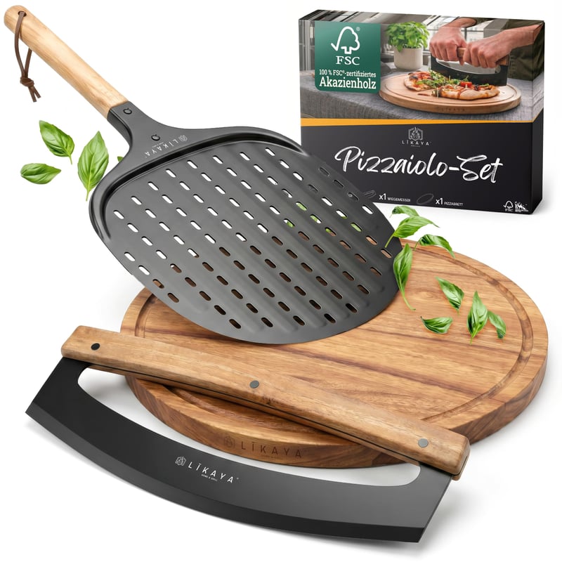 Set Pizzaiolo LIKAYA - Accesorii Profesionale pentru Pizza: Lopată pentru pizza 32x62 cm, Planșetă pentru pizza 35 cm și Cuțit pentru pizza 36 cm - Din lemn de salcâm certificat FSC
