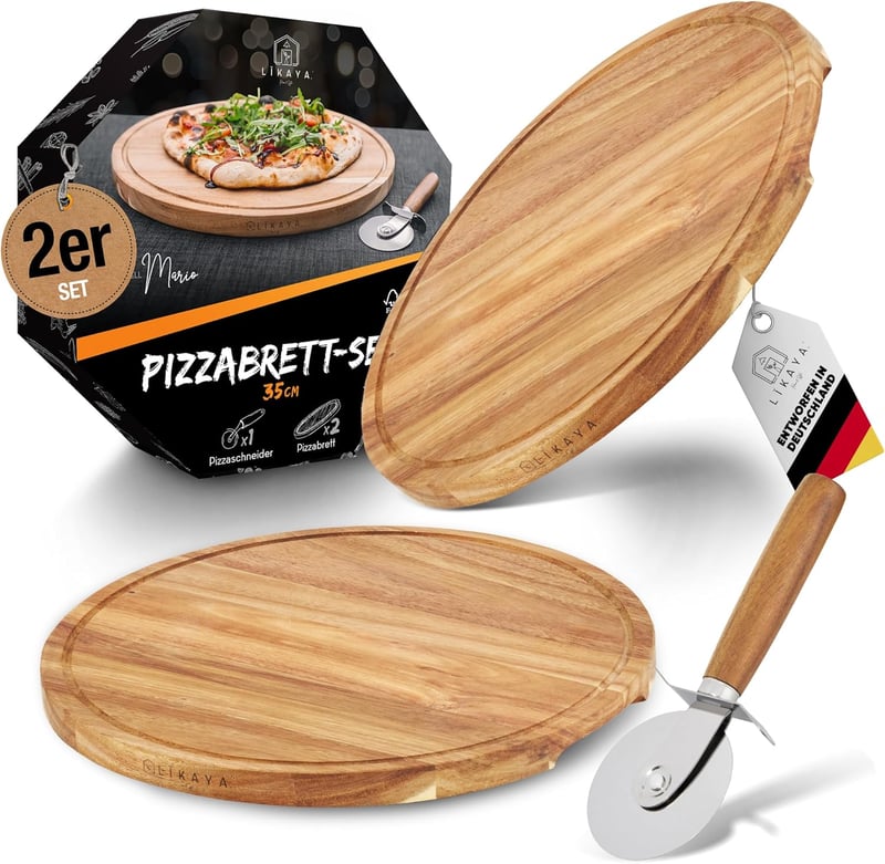 LIKAYA Pizzatál szett 2 db 35 cm kerek akáciafa pizzavágóval