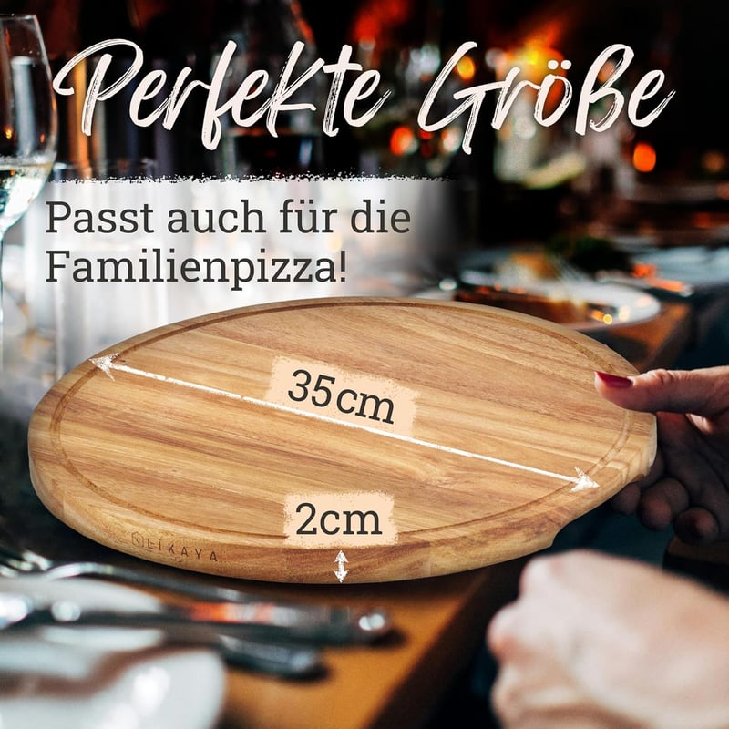 LIKAYA Pizzatál szett 2 db 35 cm kerek akáciafa pizzavágóval