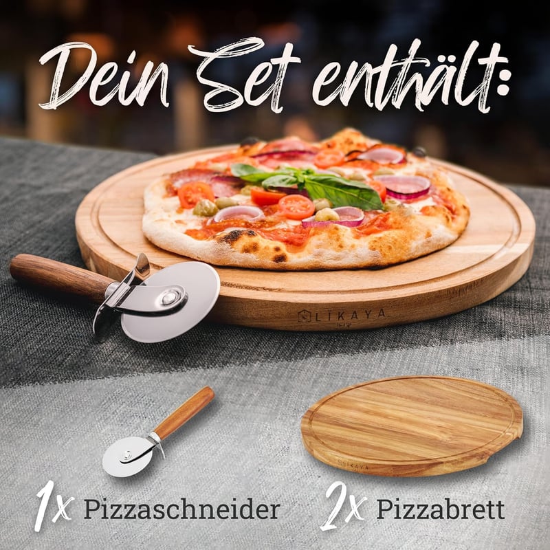LIKAYA Pizzatál szett 2 db 35 cm kerek akáciafa pizzavágóval