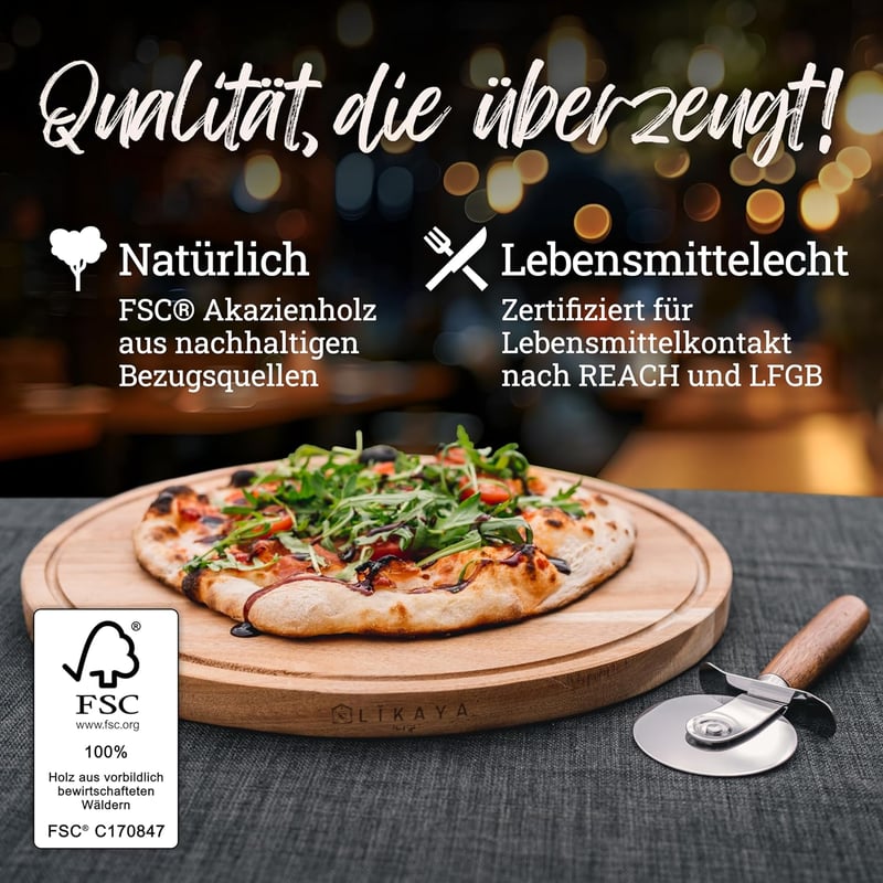 LIKAYA Pizzatál szett 2 db 35 cm kerek akáciafa pizzavágóval