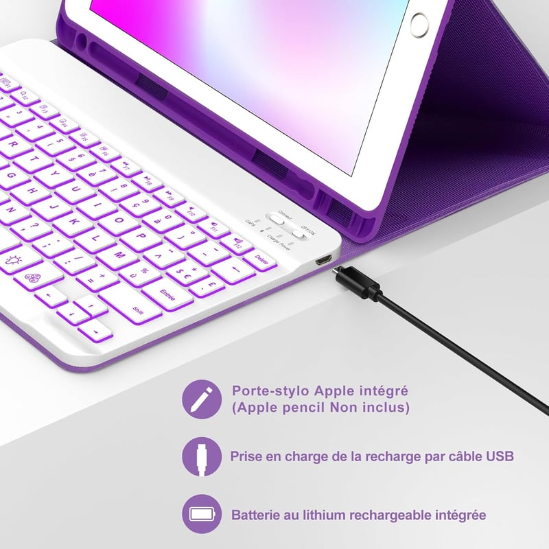 Lila iPad Billentyűzet Tok – 9.7" (5./6. generáció, Air 1/2), Bluetooth, Levehető Háttérvilágításos AZERTY Billentyűzet, Mágneses