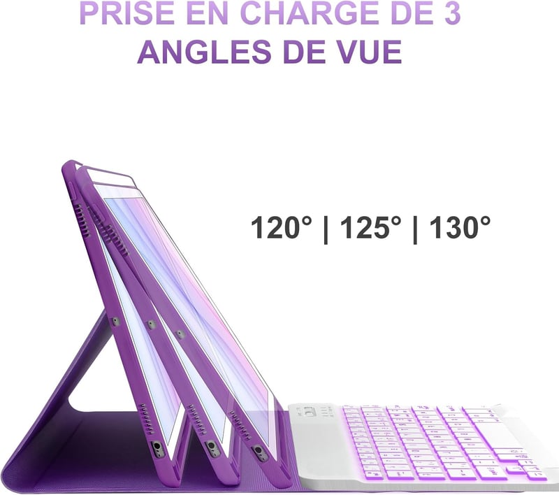Lila iPad Billentyűzet Tok – 9.7" (5./6. generáció, Air 1/2), Bluetooth, Levehető Háttérvilágításos AZERTY Billentyűzet, Mágneses
