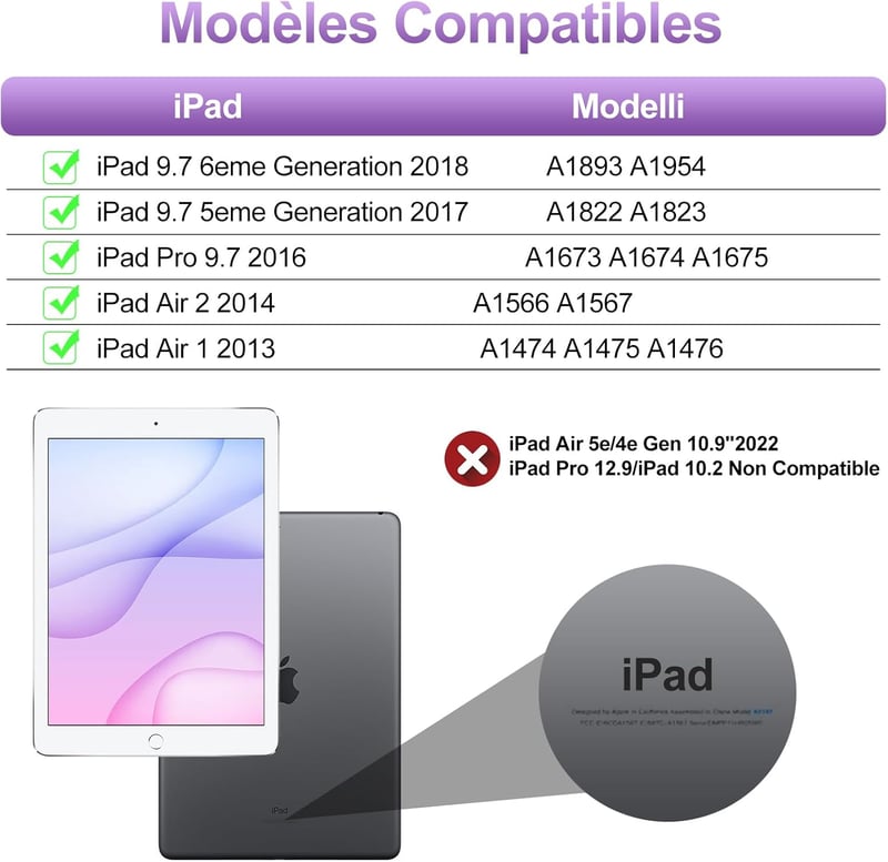 Lila iPad Billentyűzet Tok – 9.7" (5./6. generáció, Air 1/2), Bluetooth, Levehető Háttérvilágításos AZERTY Billentyűzet, Mágneses