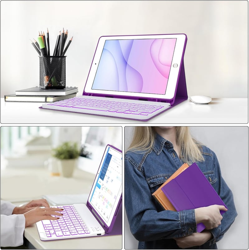 Lila iPad Billentyűzet Tok – 9.7" (5./6. generáció, Air 1/2), Bluetooth, Levehető Háttérvilágításos AZERTY Billentyűzet, Mágneses