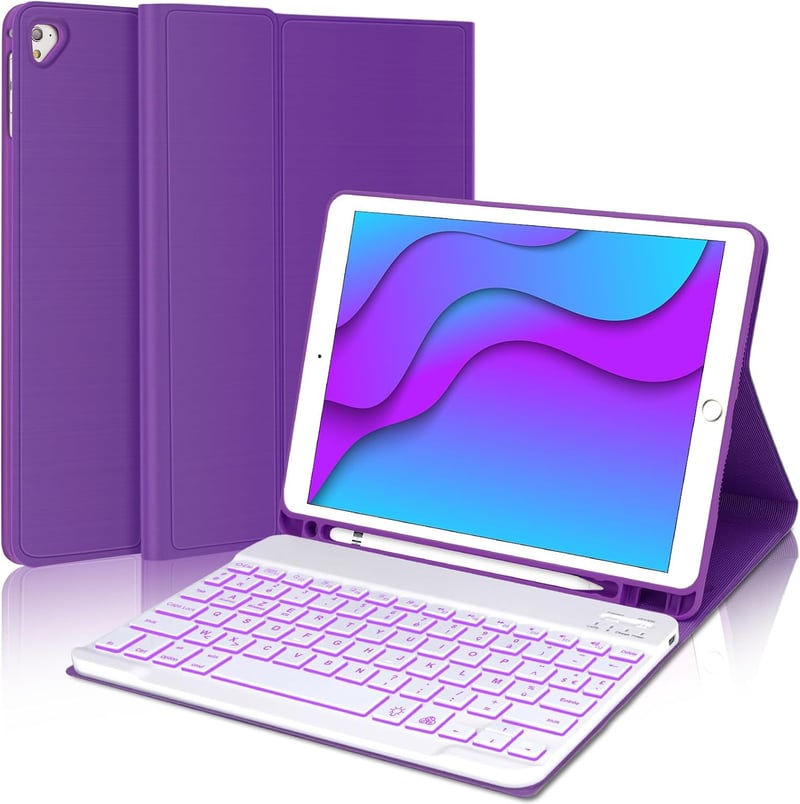 Lila iPad Billentyűzet Tok – 9.7" (5./6. generáció, Air 1/2), Bluetooth, Levehető Háttérvilágításos AZERTY Billentyűzet, Mágneses