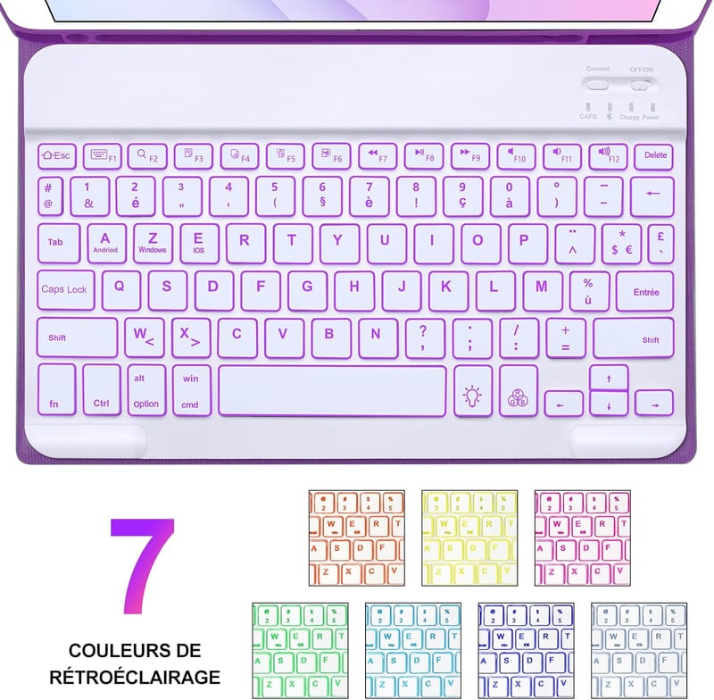 Lila iPad Billentyűzet Tok – 9.7" (5./6. generáció, Air 1/2), Bluetooth, Levehető Háttérvilágításos AZERTY Billentyűzet, Mágneses