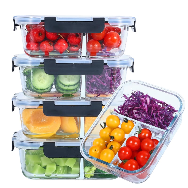 Liliume staklena posuda za hranu s poklopcem, 3 pregrade, Meal Prep kutija, 1040 ml, set od 5 komada za doziranje hrane