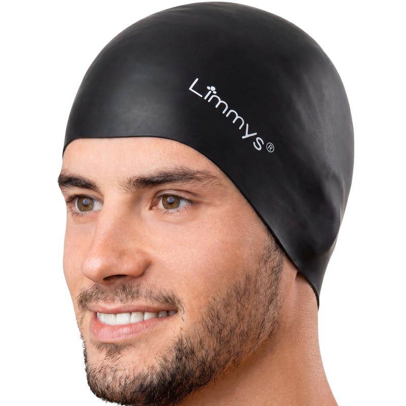 Cască de înot din silicon Limmys pentru adulți – Cască de înot neagră, elastică, pentru femei și bărbați – Antiderapantă, rezistentă la clor, fără latex, cu protecție pentru urechi