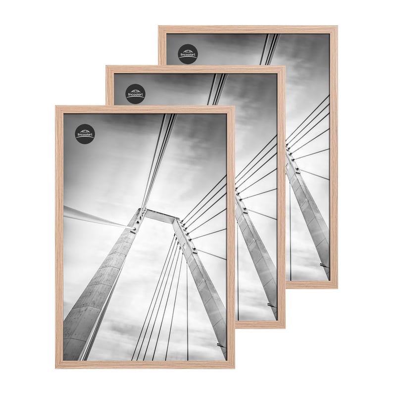 Sada nástenných rámov na obrazy lincoolart, 3 ks, 40x60 cm, drevené MDF rámy vo vzhľade orecha s nerozbitným akrylovým sklom, na plagáty, fotografie a dekoráciu na stenu