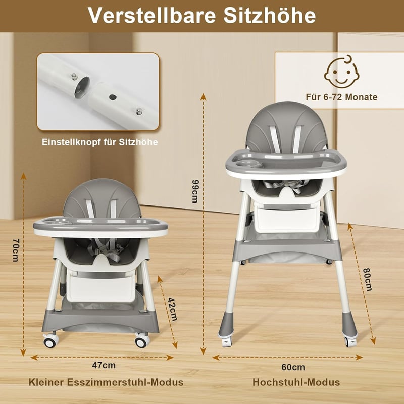 Lineluck 4 az 1-ben Multifunkciós Etetőszék - Pihenőszék és Hintaszék Funkcióval, Összecsukható, Állítható Magasságú Babaszék 6 Hónapostól 6