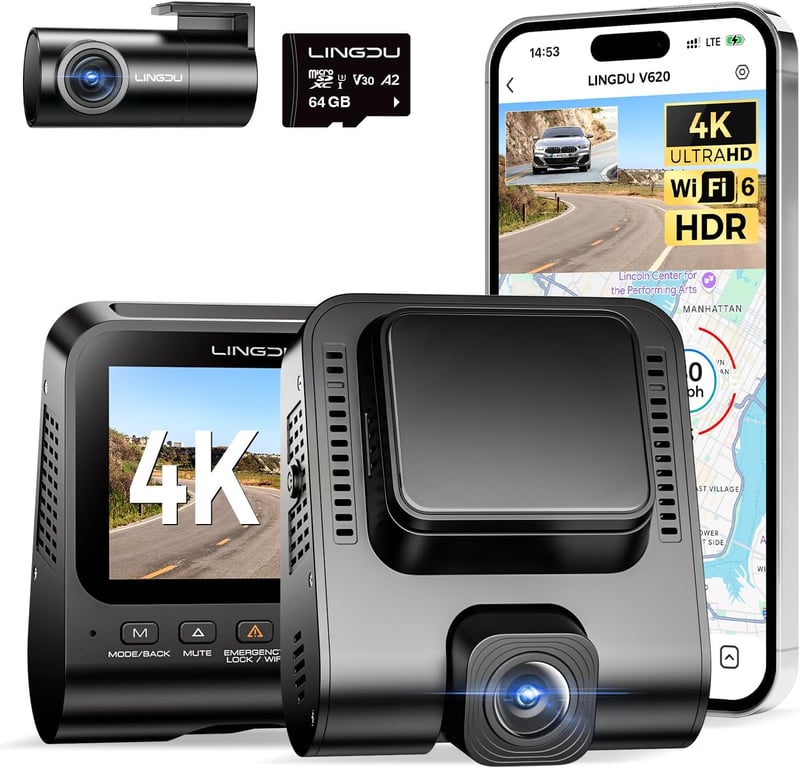 LINGDU V620 Autós Menetrögzítő Kamera 4K Elöl 1080P Hátul, 2.4" IPS WiFi Dash Cam 64GB SD Kártyával, Éjjellátó GPS 170° Széles