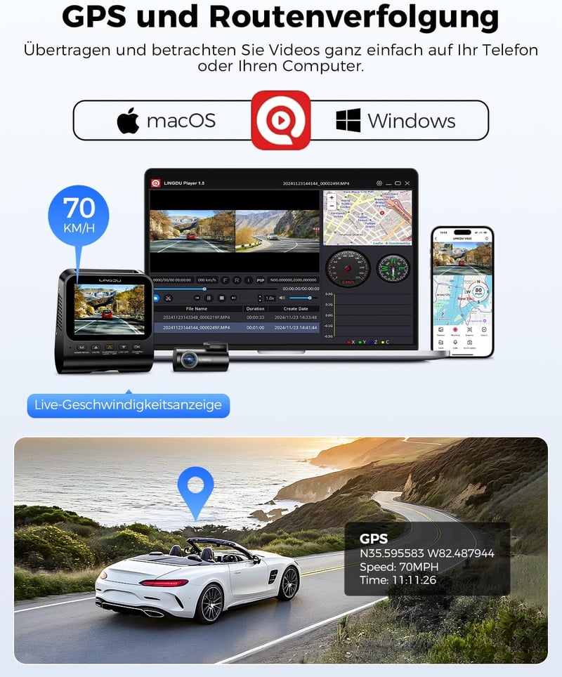 LINGDU V620 Autós Menetrögzítő Kamera 4K Elöl 1080P Hátul, 2.4" IPS WiFi Dash Cam 64GB SD Kártyával, Éjjellátó GPS 170° Széles