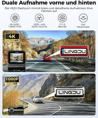 LINGDU V620 Autós Menetrögzítő Kamera 4K Elöl 1080P Hátul, 2.4" IPS WiFi Dash Cam 64GB SD Kártyával, Éjjellátó GPS 170° Széles 2