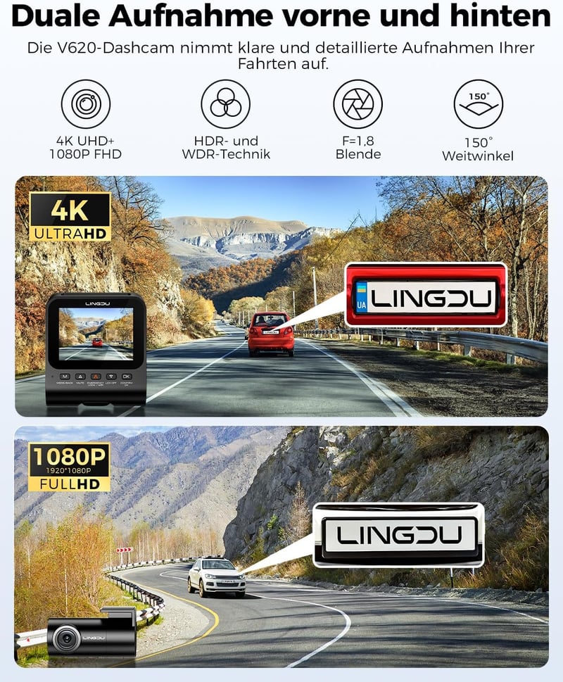 LINGDU V620 Autós Menetrögzítő Kamera 4K Elöl 1080P Hátul, 2.4" IPS WiFi Dash Cam 64GB SD Kártyával, Éjjellátó GPS 170° Széles