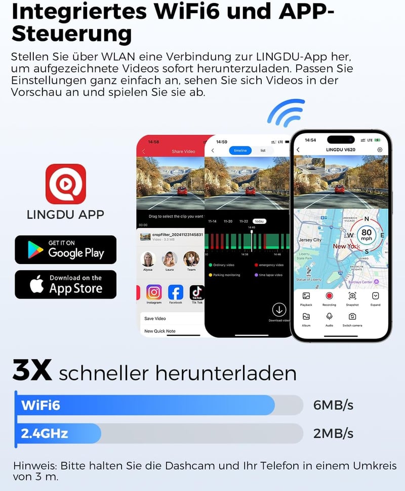 LINGDU V620 Autós Menetrögzítő Kamera 4K Elöl 1080P Hátul, 2.4" IPS WiFi Dash Cam 64GB SD Kártyával, Éjjellátó GPS 170° Széles