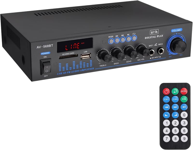 LiNKFOR Sztereó Bluetooth HiFi audio erősítő FM rádióval, MP3 USB SD lejátszóval, hordozható otthoni vagy autós erősítő LED kijelzővel