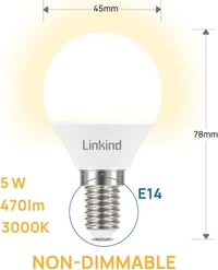Linkind E14 LED Gömb Izzó, 5.2W (40W Ekvivalens), 3000K Meleg Fehér, 470lm, Energiatakarékos P45 Kisgömb, 15000 Órás Élettartam, 6 Darabos C 2