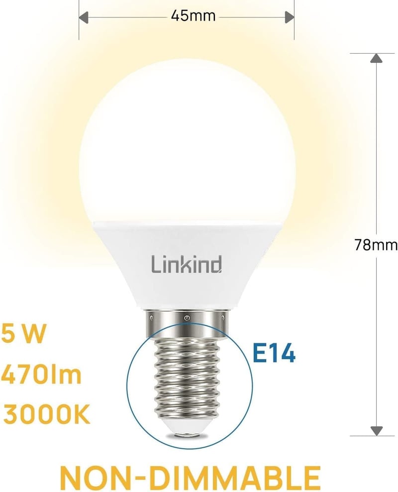 Linkind E14 LED Gömb Izzó, 5.2W (40W Ekvivalens), 3000K Meleg Fehér, 470lm, Energiatakarékos P45 Kisgömb, 15000 Órás Élettartam, 6 Darabos C