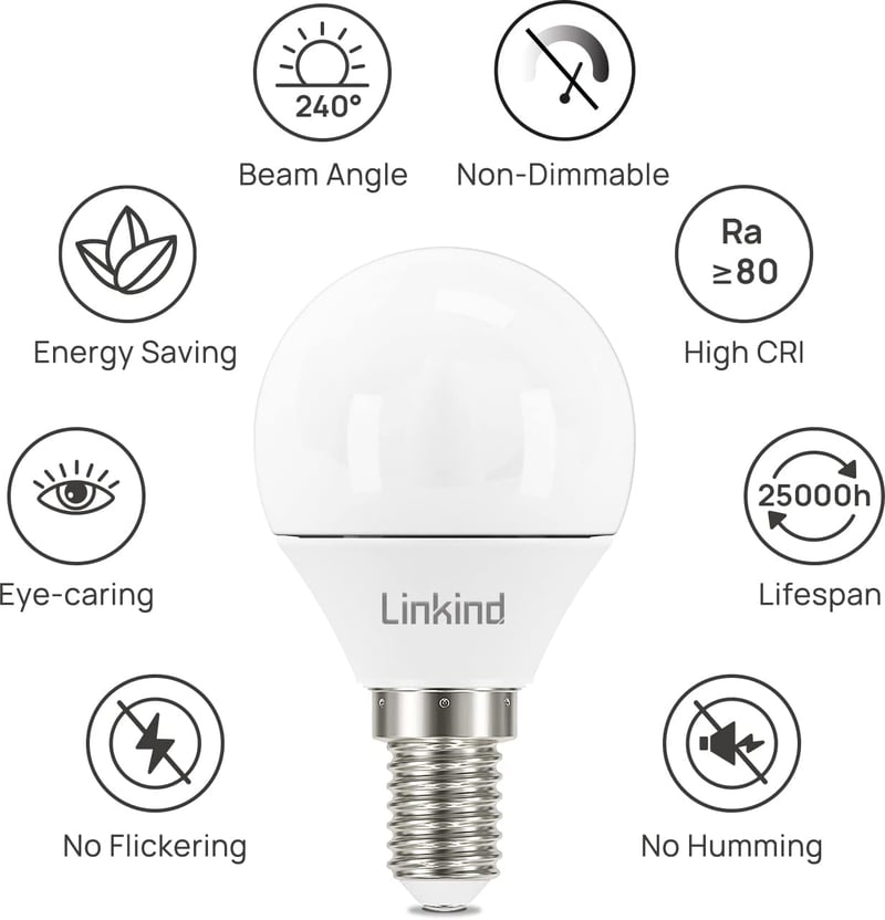 Linkind E14 LED Gömb Izzó, 5.2W (40W Ekvivalens), 3000K Meleg Fehér, 470lm, Energiatakarékos P45 Kisgömb, 15000 Órás Élettartam, 6 Darabos C