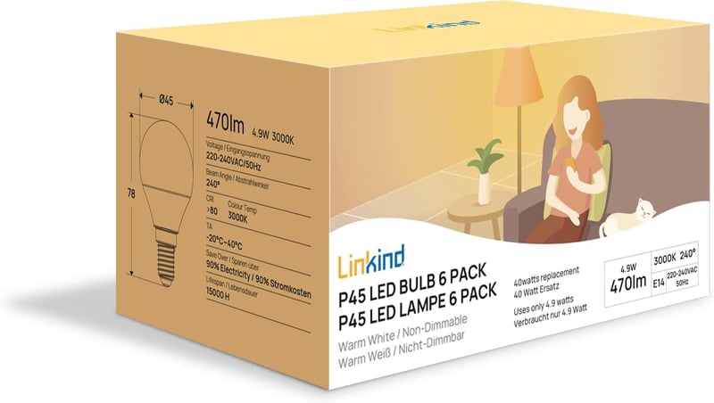 Linkind E14 LED Gömb Izzó, 5.2W (40W Ekvivalens), 3000K Meleg Fehér, 470lm, Energiatakarékos P45 Kisgömb, 15000 Órás Élettartam, 6 Darabos C
