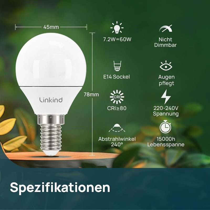 Linkind E14 LED Izzó 7.2W, 60W Helyettesítő, 2700K Meleg Fehér, P45/G45 Csepp Alakú, 806 Lumen, 6 Darabos Csomag