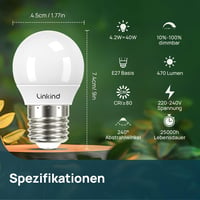 Linkind E27 Dimmelhető LED Gömb Izzó, 4.2W, 40W Helyett, 2700K Meleg Fehér, 470 Lumen, Energiatakarékos P45/G45 Lámpa, 6 db Csomag 2