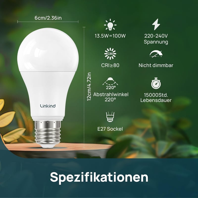 Linkind E27 LED Izzó 13.7W - 100W Hagyományos Izzó Helyett, 1521 Lumen, 2700K Meleg Fehér, 220° Szórási Szög, Beltéri Használatra, 6 Darabos