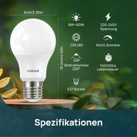 Linkind E27 LED Izzó 8.2W, 6 db-os Csomag, 2700K Meleg Fehér, 806lm, 60W Hagyományos Izzó Helyettesítő, 220° Szórási Szög, Beltéri Használat 2