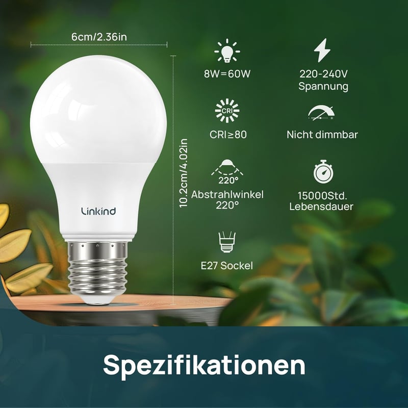 Linkind E27 LED Izzó 8.2W, 6 db-os Csomag, 2700K Meleg Fehér, 806lm, 60W Hagyományos Izzó Helyettesítő, 220° Szórási Szög, Beltéri Használat