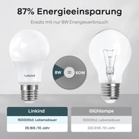 Linkind E27 LED Izzó 8.2W, 6 db-os Csomag, 2700K Meleg Fehér, 806lm, 60W Hagyományos Izzó Helyettesítő, 220° Szórási Szög, Beltéri Használat 4