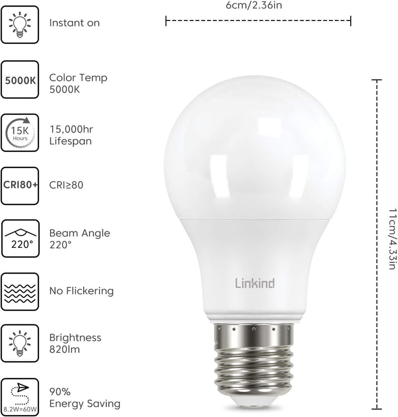 Linkind E27 LED Izzó 8W, 60W Helyettesítő, 5000K Hideg Fehér, 840lm, 220° Szórási Szög, Energiatakarékos, Villódzásmentes, 6 Darabos Csomag