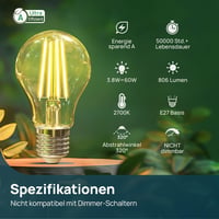 Linkind E27 Vintage LED Izzó, 3.8W=60W, 2700K Meleg Fehér, A Energiaosztály, 806 Lumen, 320° Szórási Szög, Átlátszó Üveg, 2 db 2