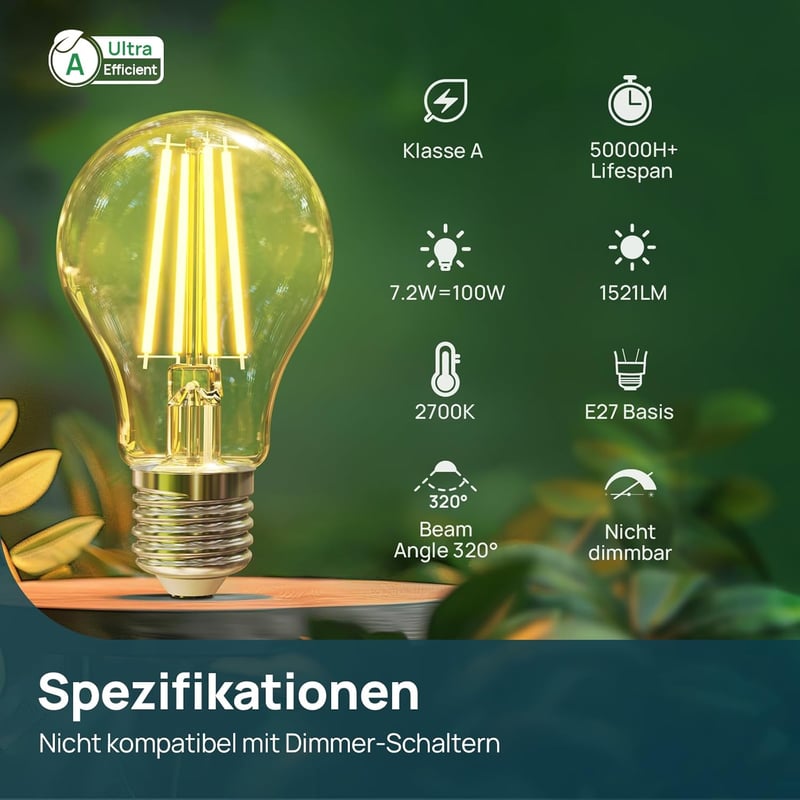 Linkind E27 Vintage LED Izzó, 7.2W=100W, 2700K Meleg Fehér, A Energiaosztály, 1521 Lumen, 320° Szórási Szög, Retro Edison Üveg, 3db
