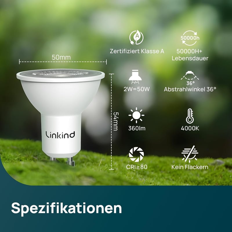 Linkind GU10 LED Izzó 2W (50W helyett), 4000K Természetes Fehér, A Energiaosztály, 360 Lumen, 36° Szórási Szög, Nem Szabályozható, 2 db-os C