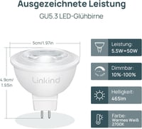 Linkind GU5.3 Dimmelhető LED Izzó 5.5W, 50W Ekvivalens, 2700K Meleg Fehér, 12V AC/DC MR16 Spotlámpa, 36° Szórási Szög, 465 Lumen, 5 db 2